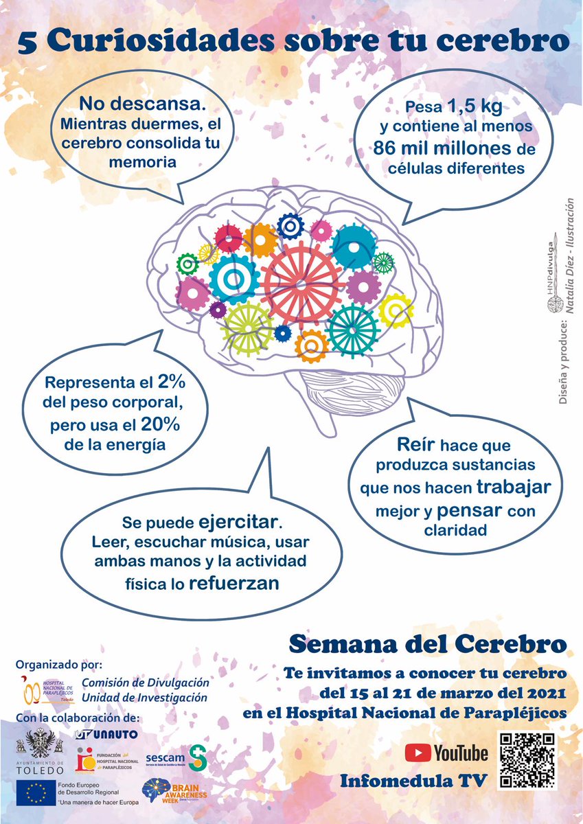 HnpSai's tweet image. La Comisión de Divulgación del @HNParaplejicos celebra del 15 al 21 de marzo la #BrainWeek , acercando a los chavales de coles e institutos &quot;Qué&quot; y &quot;Cómo&quot; es nuestra investigación sobre el cerebro.
Os dejamos el cartel de la actividad de @Natalia10R 
 #BrainAwarenessWeek2021