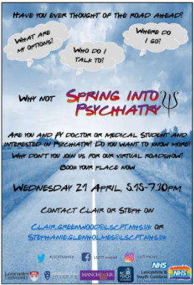 Interested in psych? Want to find out more about how to get into the specialty and what it can offer you?

<a href="/LSCFTMedEd/">We Are LSCft Medical Education</a> are hosting their annual "Spring into Psychiatry" event virtually this year!

Can not recommend this event highly enough!

<a href="/LancsPsychEd/">Lancaster PsychEd</a> <a href="/UoMPsychSoc/">Uni of Manchester Psychiatry Society (UoM)</a> <a href="/rcpsych/">Royal College of Psychiatrists</a>