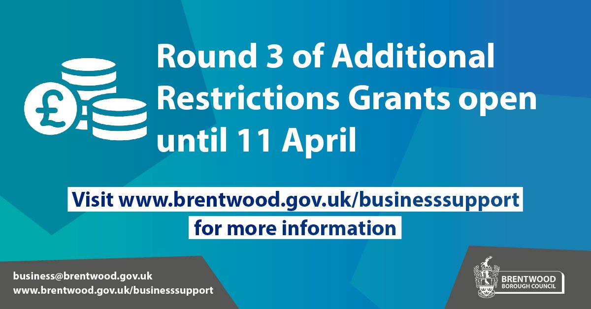 Brentwood Borough Council distributes £1.3m in additional grant funding as Additional Restrictions Grants launch today (March 12th).

Read more - brentwood.gov.uk/press.php?pres….