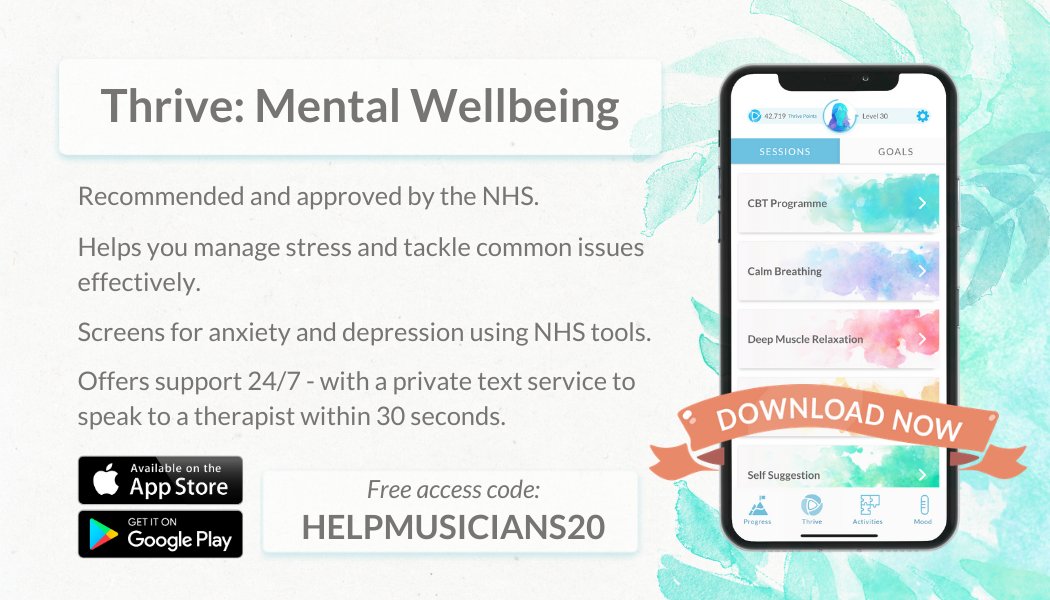 Help Musicians (@helpmusicians) on Twitter photo When you’re struggling with your mental health it’s not always easy to speak to someone. If you need a support mechanism you can keep in your pocket & revisit at your own pace, <a href="/ThriveAppsUK/">Thrive Mental Wellbeing</a> may be helpful to you. You can access it for free using our code: bit.ly/2SIgcYB When you’re struggling with your mental health it’s not always easy to speak to someone. If you need a support mechanism you can keep in your pocket & revisit at your own pace, <a href="/ThriveAppsUK/">Thrive Mental Wellbeing</a> may be helpful to you. You can access it for free using our code: bit.ly/2SIgcYB