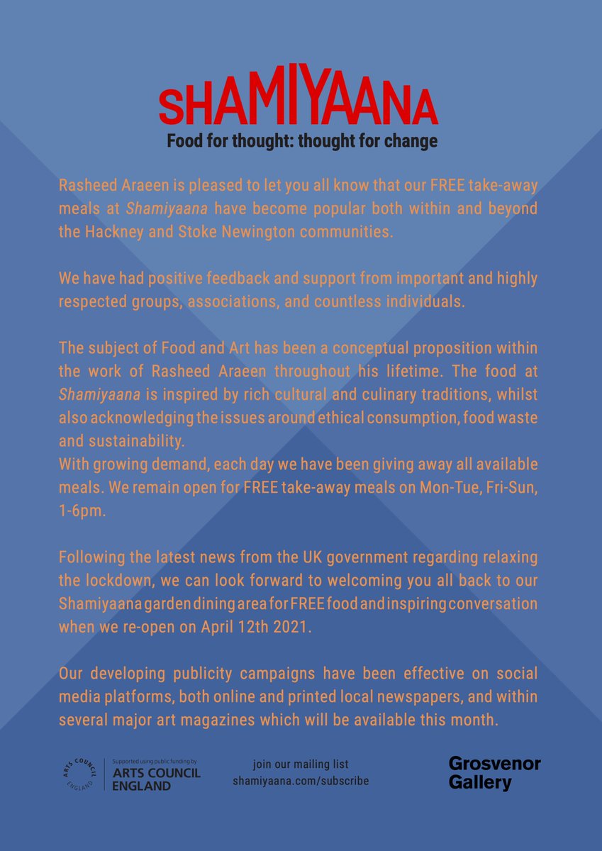 Following the latest news from the UK government, we can look forward to welcoming you all to our Shamiyaana garden for FREE food and inspiring conversation when we re-open on April 12th 2021. 
Don't forget to subscribe to our newsletter here mailchi.mp/12ca20c8ba5d/s… for updates!