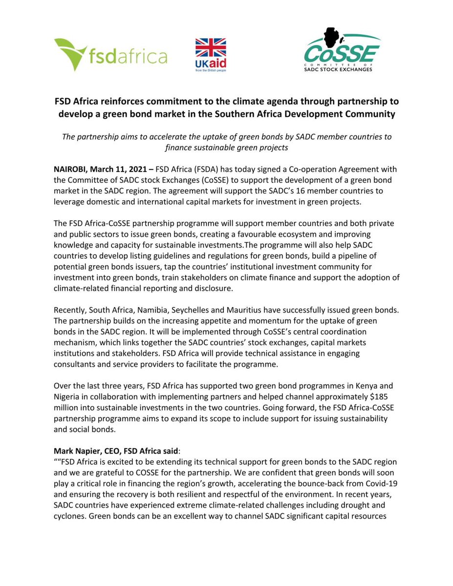 YGCtweets's tweet photo. PRESS RELEASE: FSD AFRICA REINFORCES COMMITMENT TO THE CLIMATE AGENDA THROUGH PARTNERSHIP TO DEVELOP A #GREENBOND MARKET IN THE SOUTHERN AFRICA DEVELOPMENT COMMUNITY

💚🤸🏾‍♀️🙌🏾

Source: Botswana Stock Exchange Limited https://t.co/euWOSRzw5g
