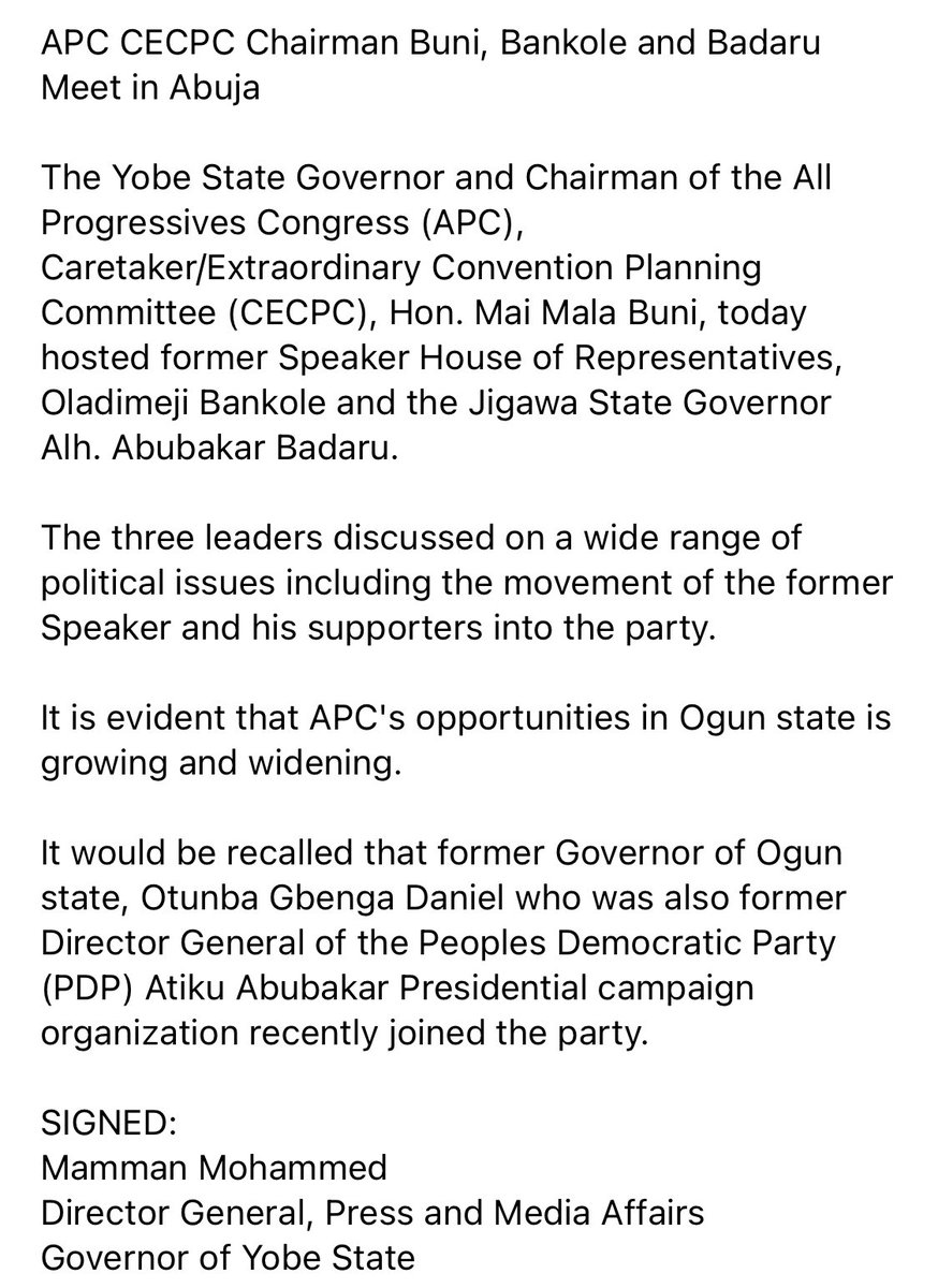 OfficialAPCNg's tweet photo. APC CECPC Chairman, H.E Governor Mai Mala Buni, Former Speaker Dimeji Bankole and Governor Badaru Meet in Abuja https://t.co/gfjIa4qxFI