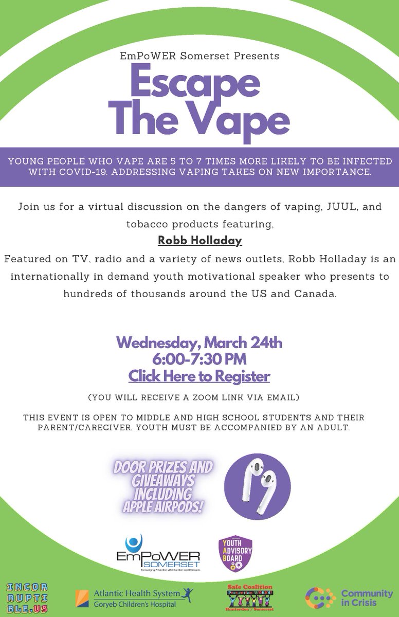Escape the Vape virtual presentation hosted by Somerset County Office of Youth Services.  Register here: us02web.zoom.us/meeting/regist…