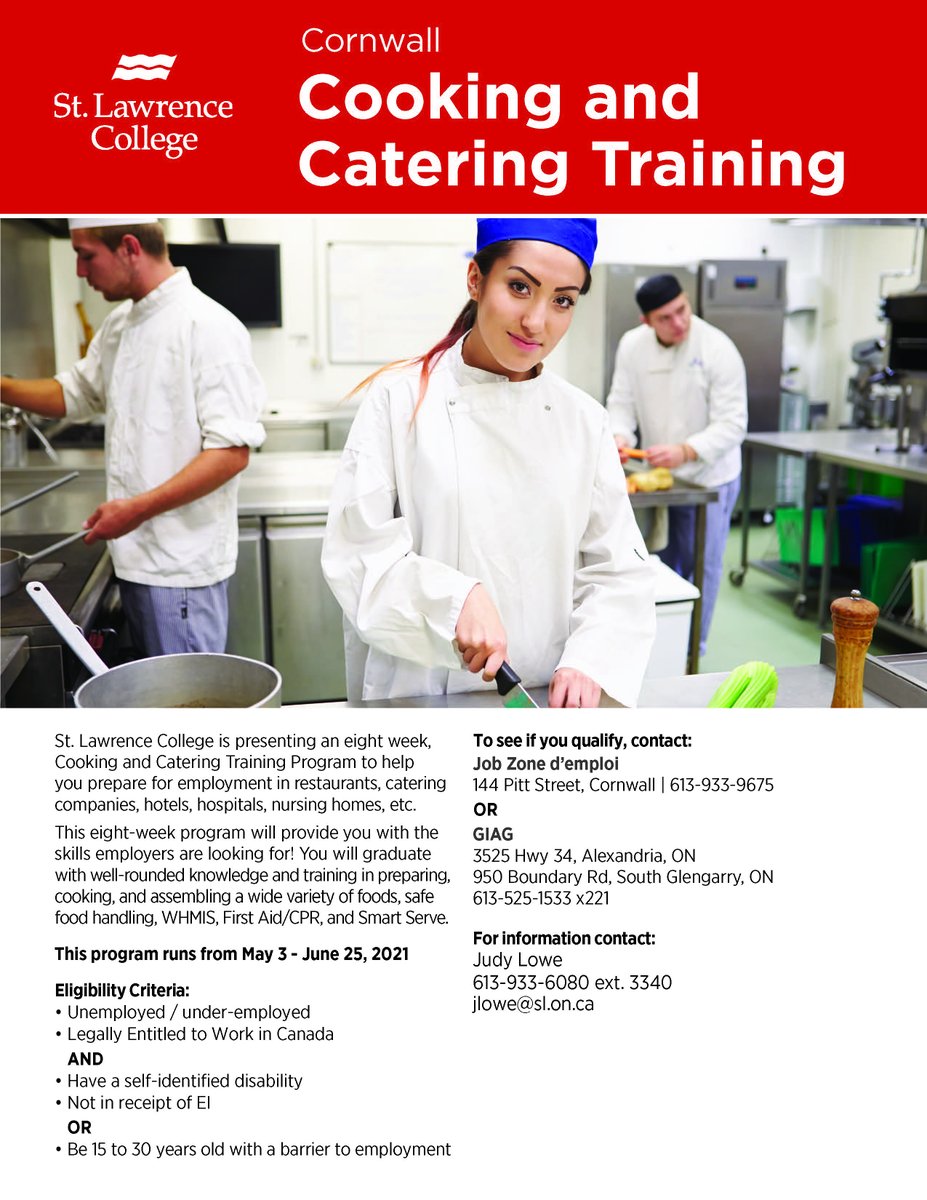 SLCCLPI's tweet image. St. Lawrence College is presenting the Cooking and Catering Training Program to help you prepare for employment in restaurants, catering companies, hotels, hospitals, etc.
From May 3 to June 25 (Cornwall)
For information contact: 
Judy Lowe
613-933-6080 ext. 3340
jlowe@sl.on.ca