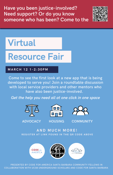 codeforamerica's tweet photo. It's not too late to connect w/ our Santa Barbara Community Fellows, @codeforSB, &amp; @USISantaBarbara for a #virtualresourcefair from 1 - 2:30 p.m. today! 

Learn how you can get valuable resources while in the process of re-entry. 👇https://t.co/HgTLnUnlWU https://t.co/VJK4dFi925