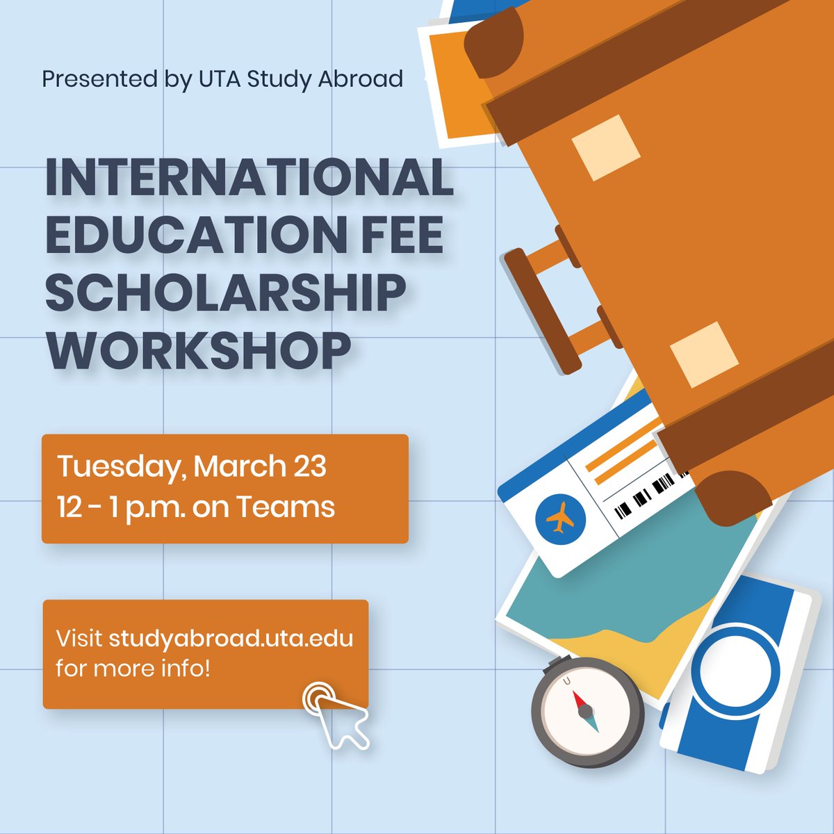 UTAstudyabroad's tweet photo. 💸Missed out on our last workshop? Don't worry! Learn about how to apply for the International Education Fee Scholarship at our virtual workshop Tuesday, March 23 on Teams! 

https://t.co/fCDRe8ibk0 https://t.co/5izJecq36S