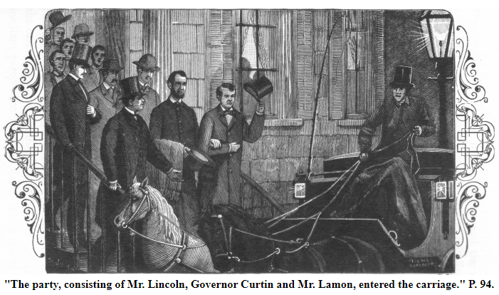 Illustration of Pinkerton, Lincoln, and a select few friends board a carriage to begin the late-night trip from Harrisburg to Washington, DC.