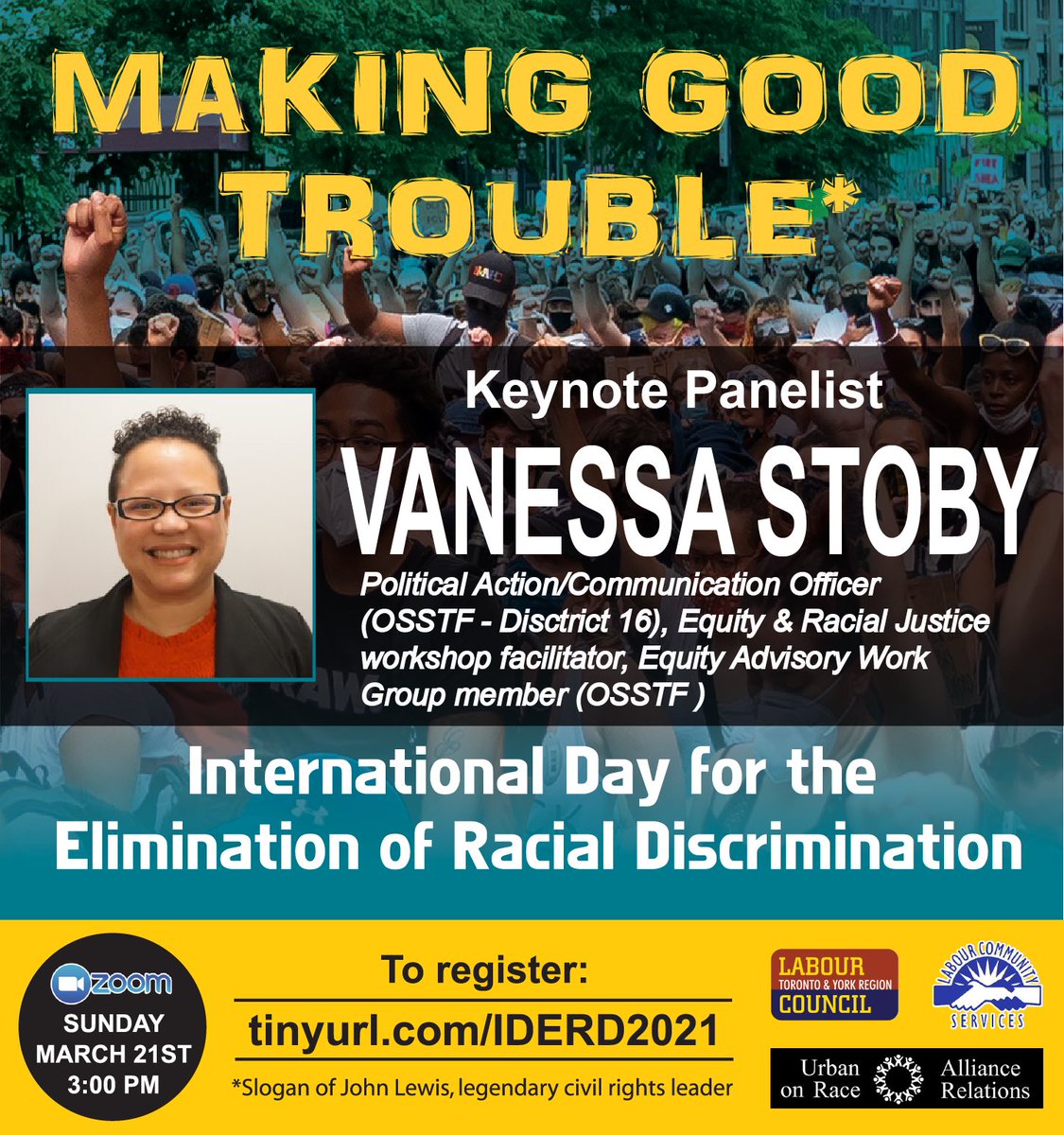 Announcement #3: <a href="/vanessastoby/">Vanessa Stoby</a> from @D16OSSTF 

🔗: tinyurl.com/IDERD2021 

📅: Sunday March 21st

⏰: 3:00 pm

📍: Zoom

<a href="/CLCOntario/">CLCOntario</a> <a href="/hassan_yussuff/">@Hassan_Yussuff</a> <a href="/CanadianLabour/">Canadian Labour</a> <a href="/Labour_CS/">Labour Community Services</a> <a href="/UARRToronto/">Urban Alliance on Race Relations</a> <a href="/nigelbme/">nigelb (he/him)</a> <a href="/NeethanShan/">Neethan Shan</a> #IDERD2021 #IDERD #StopHate #antiraciam #MakingGoodTrouble