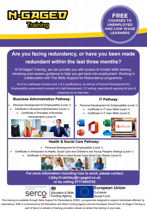 NGagedTraining's tweet image. Are you facing redundancy, or have you been made redundant within the last three months?

We are working in collaboration with The Skills Support for Redundancy programme to support your move back into work.

For more information visit: n-gaged.co.uk 

#SSR @SercoGroup