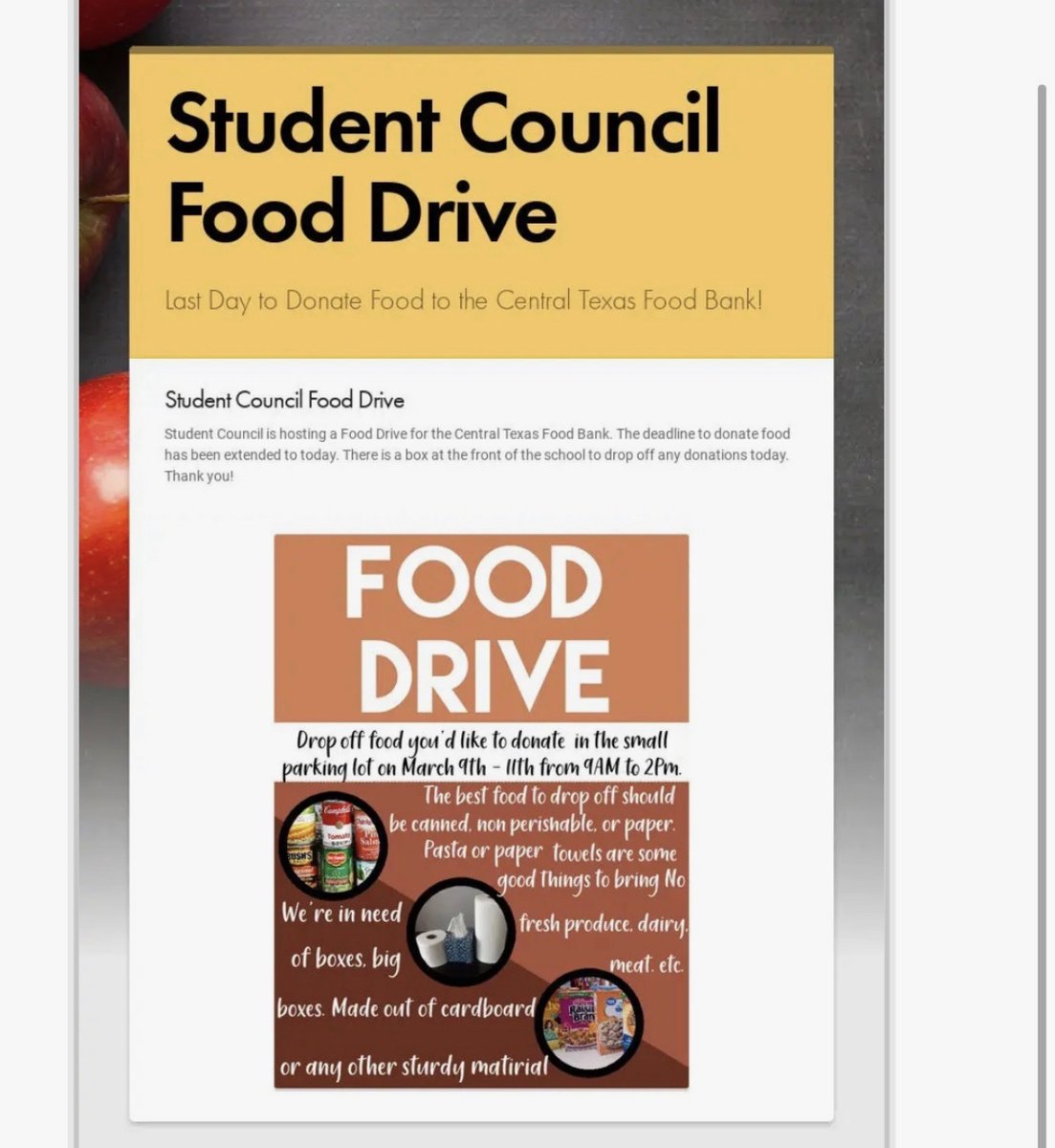 📢<a href="/CaVMS_Admin/">CaVMS Admin</a> Student Council is hosting a food drive benefiting <a href="/CTXFoodBank/">CentralTexasFoodBank</a>. Last day to donate is today! Food donations are being accepted until 4 pm at
📍8455 Spicewood Springs Rd. Items to drop off are canned, nonperishable, paper towels, and pasta. Go Mustangs! #ATXcouncil
