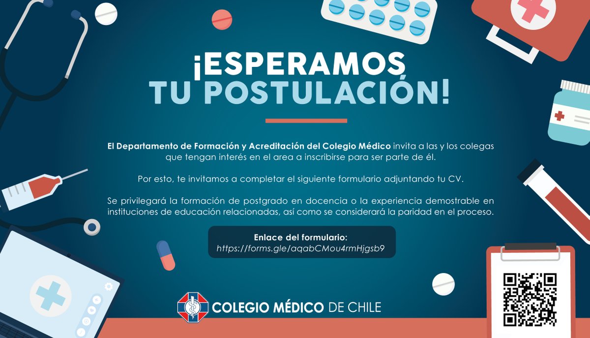 colmedchile's tweet photo. ¡Atención Colega! 📢
¿Quieres ser parte de nuestro Dpto. de Formación y Acreditación?
Completa el siguiente formulario ➡️https://t.co/3qLt3vG0TK 
¡Esperamos tu postulación! 💪
#ColmedLoHacemosTodos https://t.co/kPl1dEwtwP