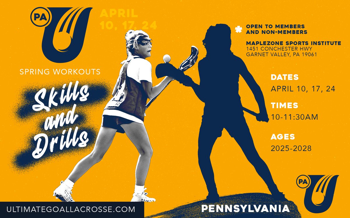 PA Spring Workouts: SKILLS &amp; DRILLS
Open to members and nonmembers!

Age group: 2025s-2028s
DATES: April 10, 17, 24
TIMES: 10:00-11:30am
LOCATION: Maple Zone Village (outdoor) 
4881 Chichester Ave. Aston, PA 19014

Register: ultimategoallacrosse.leagueapps.com/classes/212792…