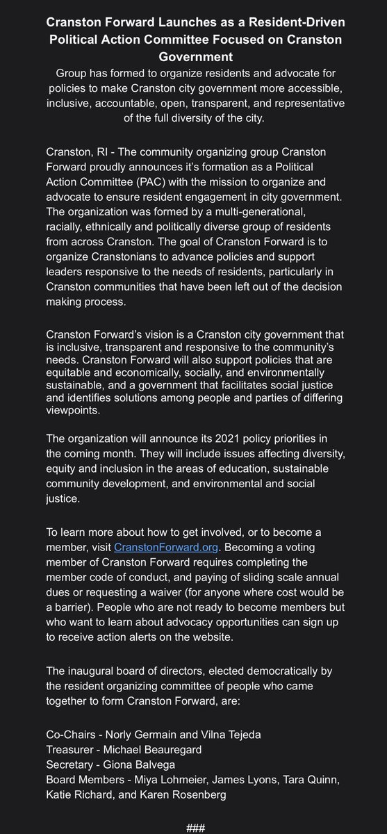 Some Friday inbox catchup: A new political action committee, @CranstonForward, has announced its formation and a forthcoming list of policy priorities for #Cranston: