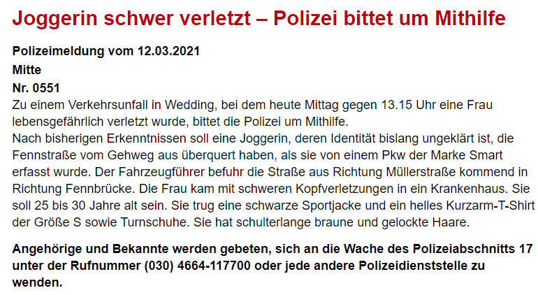 polizeiberlin's tweet photo. #Zeugengesucht
Weitere Angaben zu der unbekannten lebensgefährlich verletzten Joggerin im #Wedding finden Sie in unserer PM: https://t.co/KYn136plCD
^tsm https://t.co/DseRVzvIzM