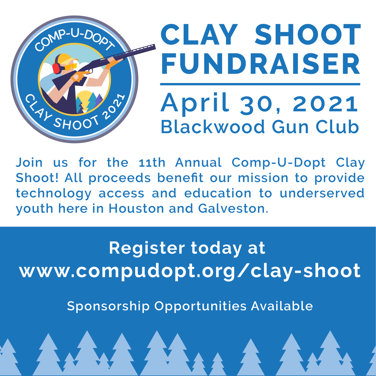 Don't miss your chance to join us for the 11th Annual @Comp_U_Dopt Clay Shoot on April 30th, 2021. Register your team today at compudopt.org/clay-shoot