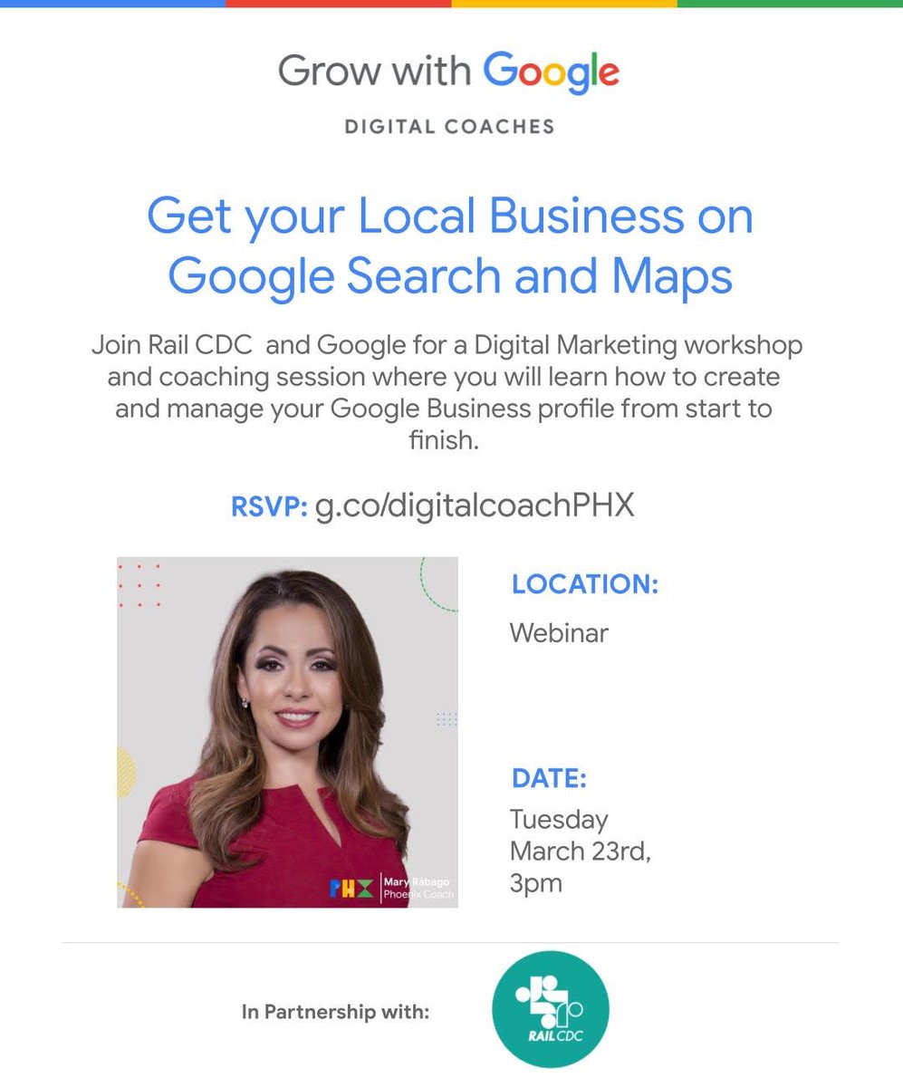 Get Your Local Business on Google Search and Maps Tuesday, March 23 from 3:00 PM - 4:30 PM MT Register here: community.grow.google/s/event/a0r1E0… #RAILCDC #asiandistrictaz #onlyonapache #distritolatino #LISCphoenix #MetLife #StateFarm #CityOfTempe #CityOfMesa railcdc.org
