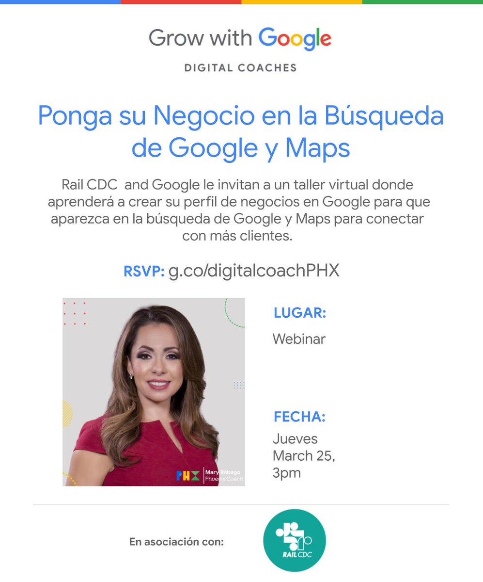 Ponga Su Negocio Local en Google Search y Maps Jueves, 25 de Marzo a las 3::00 PM - 4:30 PM MT registrarte aqui community.grow.google/s/event/a0r1E0… #RAILCDC #asiandistrictaz #onlyonapache #distritolatino #LISCphoenix #MetLife #StateFarm #CityOfTempe #CityOfMesa railcdc.org