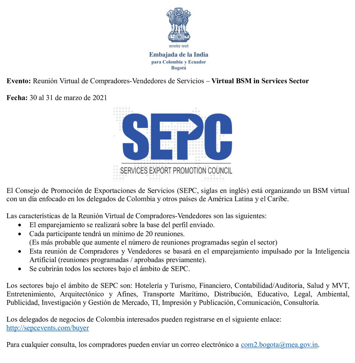 IndiaEmbBogota's tweet photo. @Sepc_India está organizando un BSM virtual centrado en los delegados de Colombia y otros países de América Latina y el Caribe del 30 al 31 de marzo de 2021.
Los Colombianos interesados pueden registrarse aquí: https://t.co/k1dUnC4xRi
@MEAIndia @IndianDiplomacy @PMOIndia https://t.co/63zDHSCru5