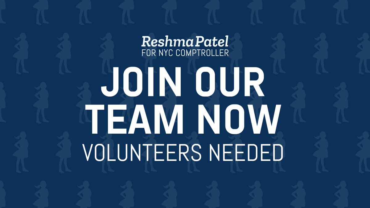 ReshmaPatelNYC's tweet photo. Want to join an exciting team of volunteers?
Join #TeamReshma!
We're looking for volunteers to petition, make phone calls, send text and much more!
Visit https://t.co/iF0QUfc69T to sign up! #Reshma4Comptroller #Volunteer #NYCPolitics https://t.co/DjM1YRVMdO