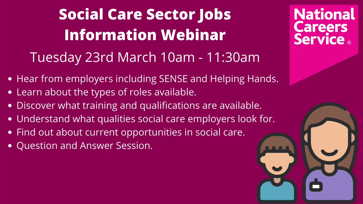 CareersWestMids's tweet photo. Do you want to find out about current opportunities in social care from @sensecharity and @Helping_HandsUK? Join our Social Care Sector Jobs Information Webinar. Click here to book your place: https://t.co/p9KlbJsdWP  

@WestMids_CA @NationalCareers  @JCPInStaffs #BrumJobsHour https://t.co/FoJJVXEift
