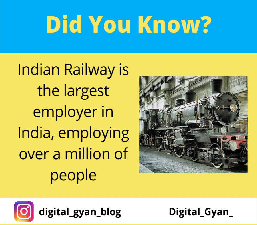 Digital_Gyan_'s tweet photo. Indian Railways is the largest employer in India with 14 lakh employees and eighth biggest employer of the world.
#facts #knowledge #digita_gyan_blog  #india #railway https://t.co/IY5Gl3HpH8