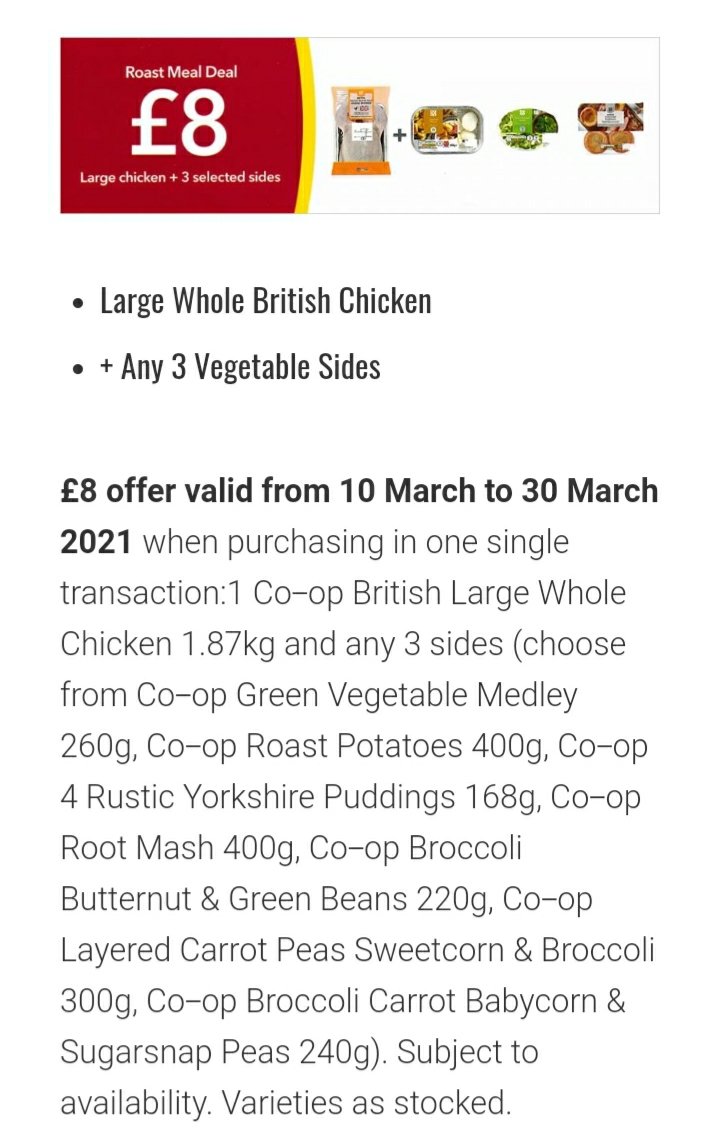 I got this in the Ackworth store today £8 for a chicken and three sides and £5 for Fairtrade chardonnay.... £13 for Mother's day meal is a bargain I think 😃 #itswhatwedo #coop #motherday #ackworth #westyorkshire #coopmemberpioneer #roastdinner #fairtrade