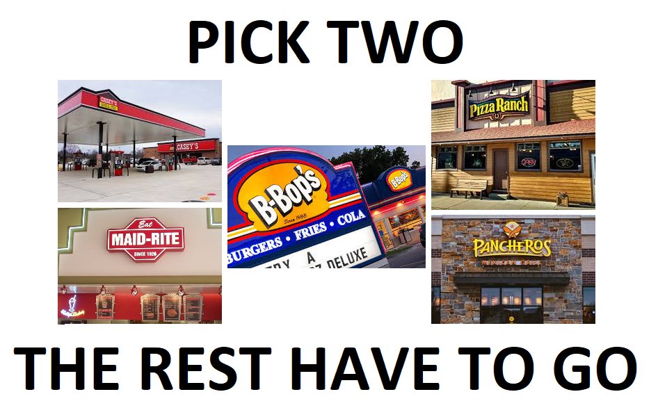 JSydejkoKCCI's tweet photo. Okay Iowa. Pick 2, the rest have to go.
#iawx #Iowa #caseys #maidrite #bbops #pizzaranch #pancheros #DesMoines https://t.co/mJfex5snmt