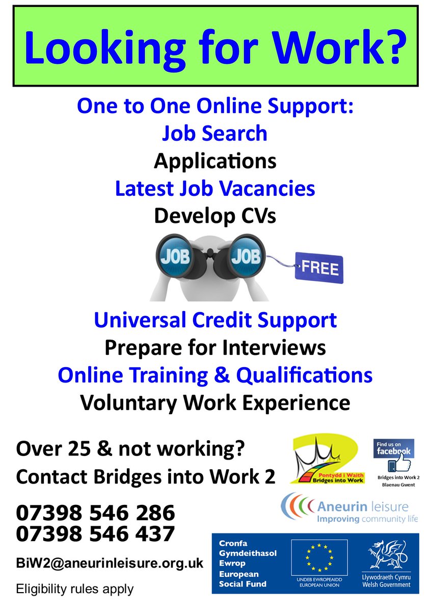Need help to find employment or want to learn new skills and gain qualifications? Contact Bridges into Work 2 for more details.