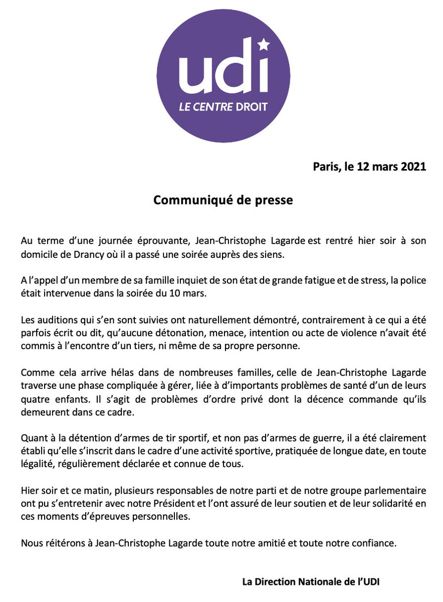 Communiqué du Bureau National de l'UDI