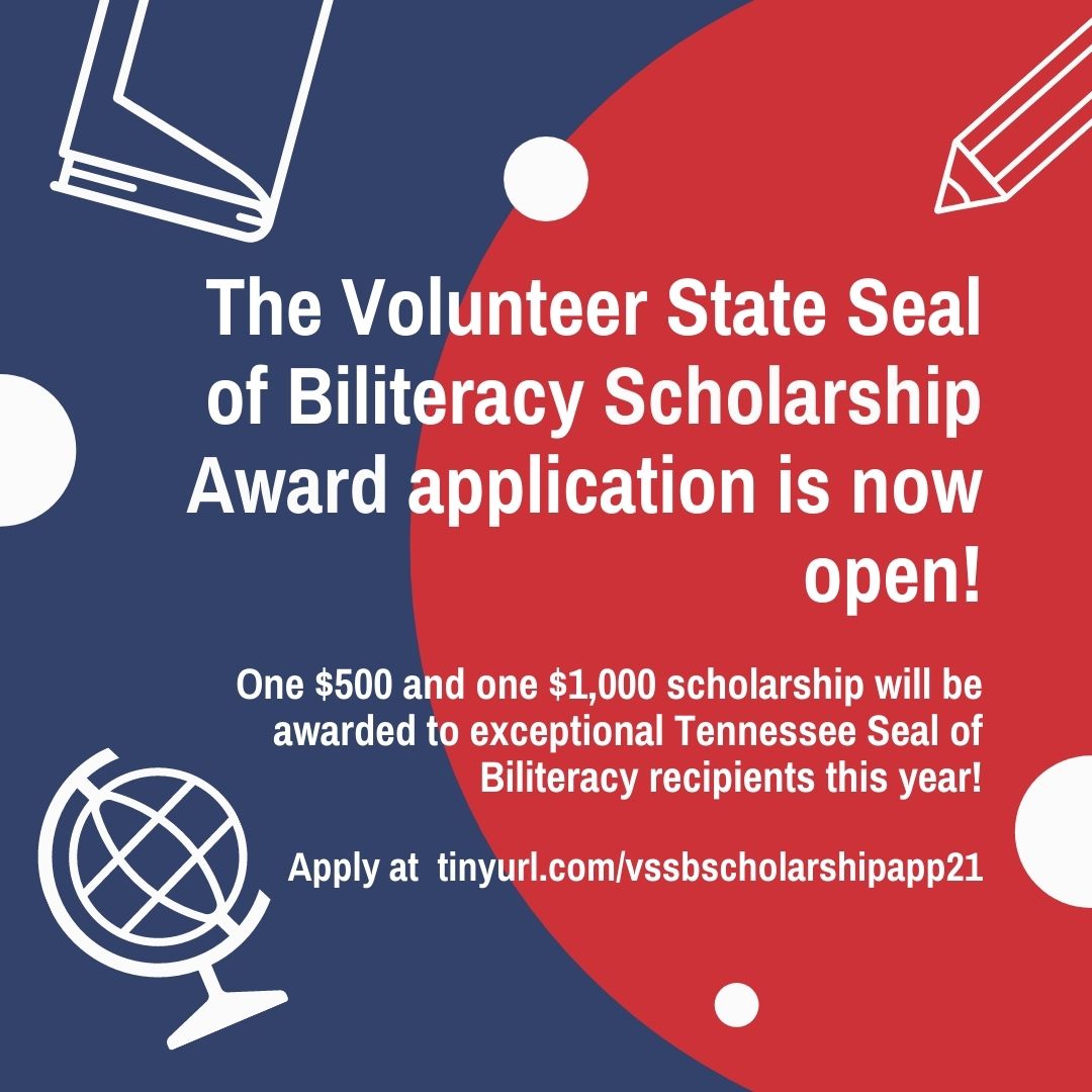 Volunteer State Seal of Biliteracy (@volstateseal) on Twitter photo The application window for our Seal of Biliteracy Scholarship Award opens today! TN Recipients at collaborating schools can apply at tinyurl.com/vssbscholarshi…
<a href="/tnedu/">TN Dept of Education</a> <a href="/SBEd_TN/">TN State Board of Education</a> <a href="/ConexionEd/">arthur zeyda</a> <a href="/tntesol/">TNTESOL</a> <a href="/TFLTA/">طفلة البريئة</a> <a href="/ut_tlc/">Tennessee Language Center</a> <a href="/EdTrustTN/">EdTrust-Tennessee</a> <a href="/TLACC/">TN Latin American Chamber of Commerce</a> <a href="/BiliteracySeal/">Seal of Biliteracy</a> <a href="/TNHigherEd/">Tennessee Higher Education Commission</a> <a href="/TNChamber/">Tennessee Chamber of Commerce & Industry</a> <a href="/TCASN/">TN College Access & Success Network</a> The application window for our Seal of Biliteracy Scholarship Award opens today! TN Recipients at collaborating schools can apply at tinyurl.com/vssbscholarshi…
<a href="/tnedu/">TN Dept of Education</a> <a href="/SBEd_TN/">TN State Board of Education</a> <a href="/ConexionEd/">arthur zeyda</a> <a href="/tntesol/">TNTESOL</a> <a href="/TFLTA/">طفلة البريئة</a> <a href="/ut_tlc/">Tennessee Language Center</a> <a href="/EdTrustTN/">EdTrust-Tennessee</a> <a href="/TLACC/">TN Latin American Chamber of Commerce</a> <a href="/BiliteracySeal/">Seal of Biliteracy</a> <a href="/TNHigherEd/">Tennessee Higher Education Commission</a> <a href="/TNChamber/">Tennessee Chamber of Commerce & Industry</a> <a href="/TCASN/">TN College Access & Success Network</a>