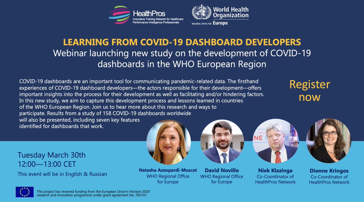 HealthPros Innovative Training Network (@healthprosh2020) on Twitter photo Are you a member of a team working on a #COVID19 dashboard? Interested to exchange lessons learned about the process? If yes, join us Tues March 30th 12-13:00 CET for a <a href="/WHO_Europe/">WHO/Europe</a> <a href="/HealthProsH2020/">HealthPros Innovative Training Network</a> webinar on our new study. Register here: who.zoom.us/meeting/regist⦠Are you a member of a team working on a #COVID19 dashboard? Interested to exchange lessons learned about the process? If yes, join us Tues March 30th 12-13:00 CET for a <a href="/WHO_Europe/">WHO/Europe</a> <a href="/HealthProsH2020/">HealthPros Innovative Training Network</a> webinar on our new study. Register here: who.zoom.us/meeting/registā¦