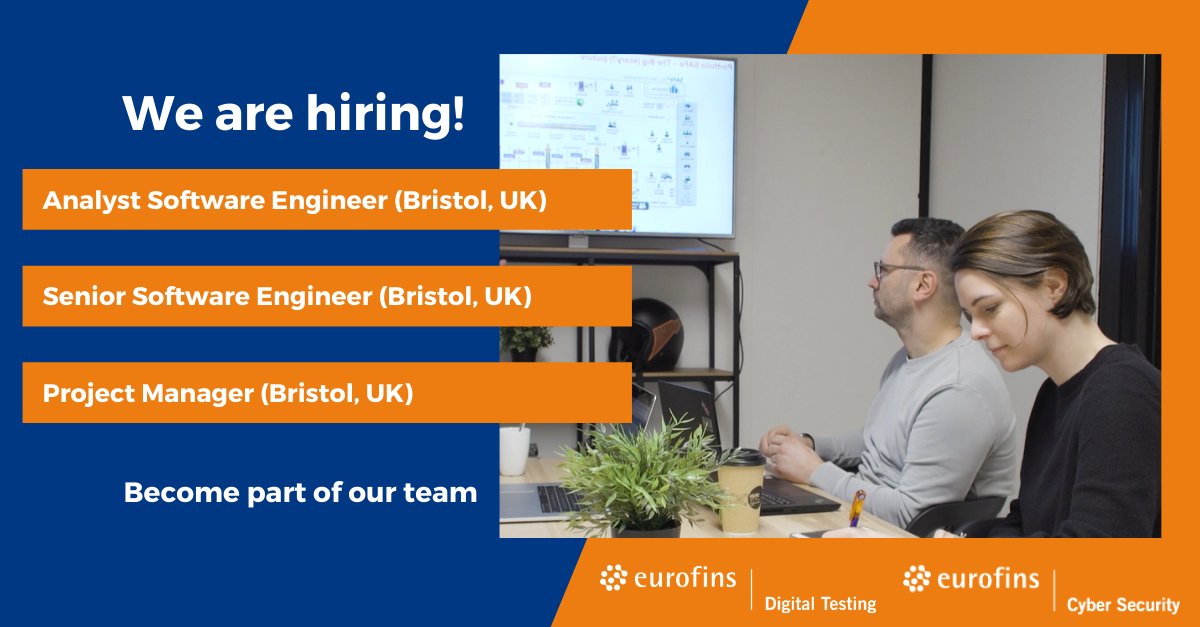 EurofinsDigital's tweet photo. >>> UK #JOBALERT
Looking for a job in an #internationalenvironment, working on #excitingprojects with highly #skilled team members in our #Bristol office? We’ve got you covered.

Take a look at all our job openings here https://t.co/wHAKioodCr

We look forward to talk to you! https://t.co/87Y3F7bOQg