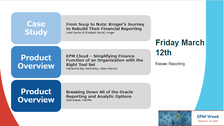 HyperionUserGrp's tweet photo. Today is the last day of #EPMWeek21! Make sure you attend these sessions today for your last chance at #CPECredits. Thank you to everyone for making this week such a success!
Learn more here:
https://t.co/emLRIl5M4c https://t.co/mNnpNNrizY