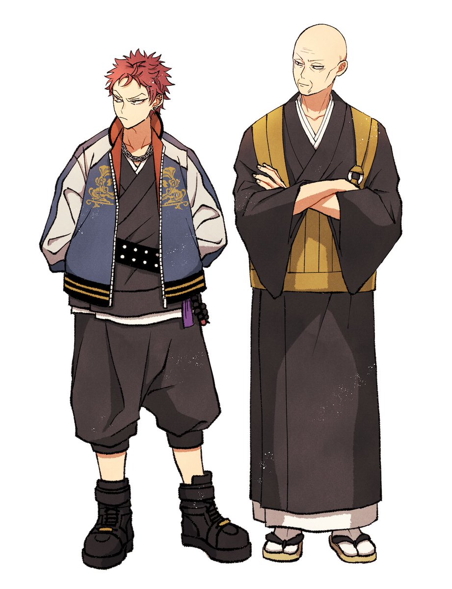 2boys multiple boys japanese clothes male focus bald red hair crossed arms  illustration images