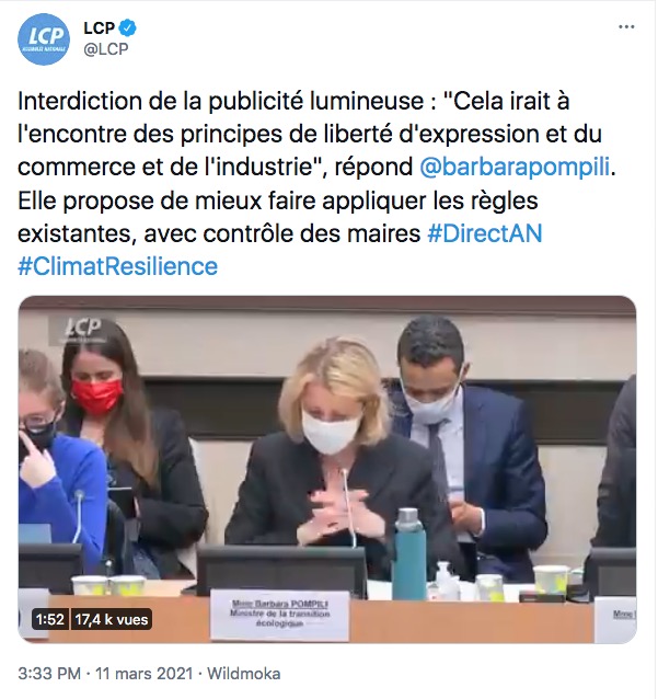 Voir la ministre de l'Écologie défendre la pollution lumineuse de la publicité au nom de la liberté d'expression franchement j'étais pas prêt.