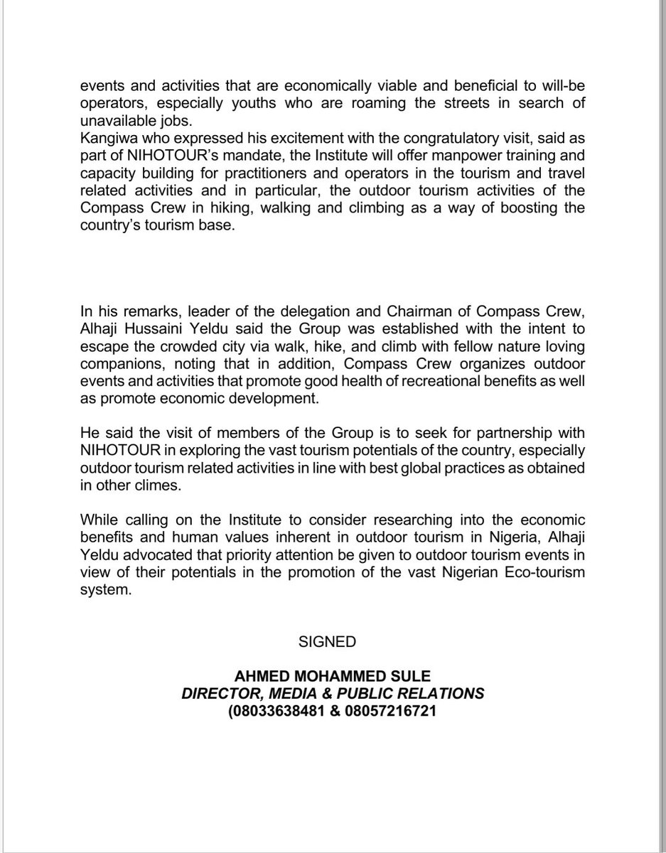 compasscrew_1's tweet image. Press Release from the office of the DG National Institute For Hospitality And Tourism after Meeting With Compasscrew Board and Admins yesterday 11th of March, 2021.
.
.
#Nigerians #AbujaTwitterCommunity #compasscrew #cultureandtourism #hikeandadventure #abuja