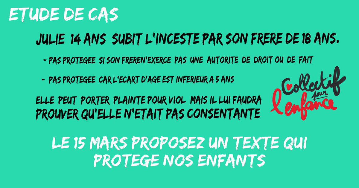 Mesdames et Messieurs les députés, le 15 mars  retirez :
   - les termes "d'autorité de droit ou de fait" de l'article 222-23-2. l'inceste est un crime de lien
   - l'écart d'âge de cinq ans de l'article 222-22-1 pour ne pas affaiblir la protection des mineur.e.s de 13 et 14 ans.