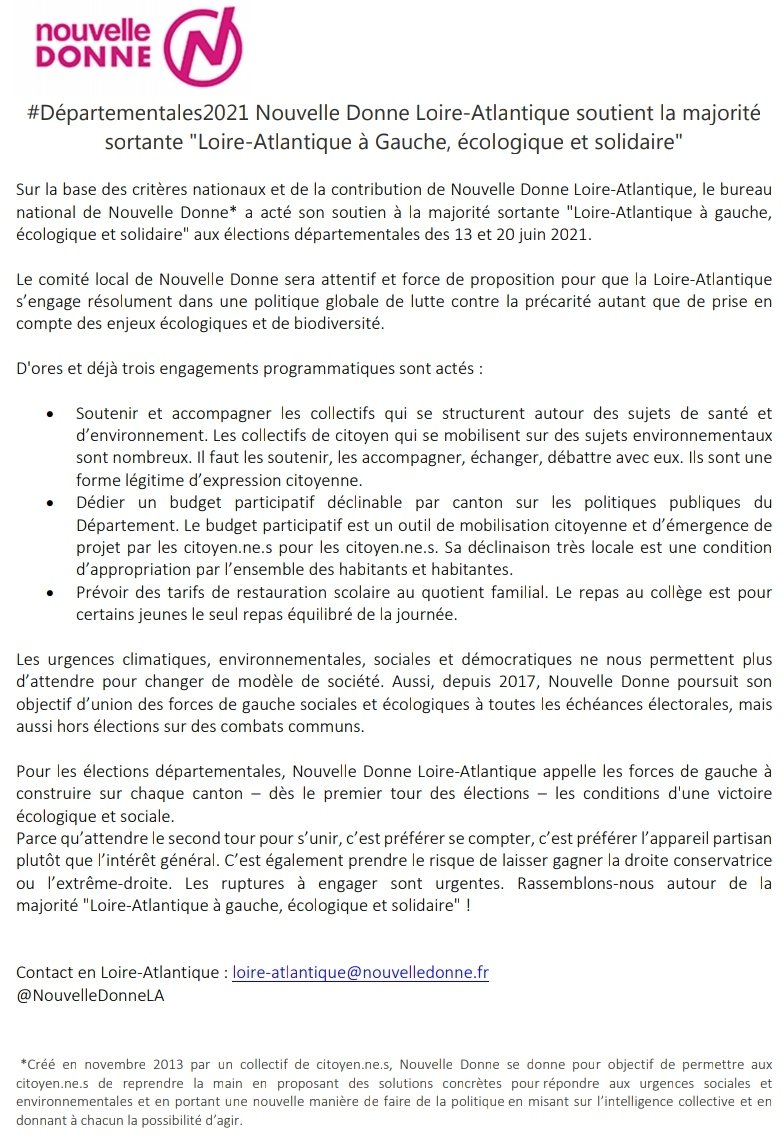 #Départementales2021 Nouvelle Donne Loire-Atlantique soutient la majorité sortante "Loire-Atlantique à Gauche, écologique et solidaire" 👇