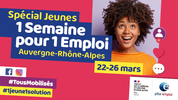 FTravail_ARA's tweet image. #1SP1E2021 dédiée aux #jeunes ! Du 22 au 26 Mars, on a imaginé un programme complet autour de la recherche d&apos;#emploi, des #métiers et secteur qui recrutent, de la #formation et de l&apos;#alternance… 

👉 pole-emploi.org/regions/auverg…

#TousMobilisés #1jeune1solution