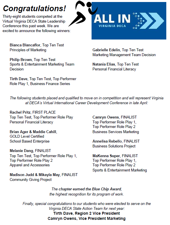 Congratulations to the 38 <a href="/LBDECA/">Lake Braddock DECA</a> students who competed at the Virtual Virginia DECA State Leadership Conference and to Tirth Dave and Camryn Owens who were elected to serve on the Virginia DECA State Action Team next year! Amazing performances by all! #DECA #BruinsCARE