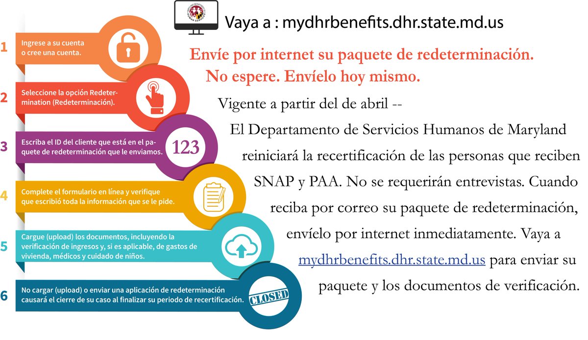 Effective April, DHS will resume recertification for all SNAP and PAA recipients. Interviews are being waived. Once you receive your redetermination packet in the mail, submit it online right away! Go to mydhrbenefits.dhr.state.md.us to submit your packet and verification documents.