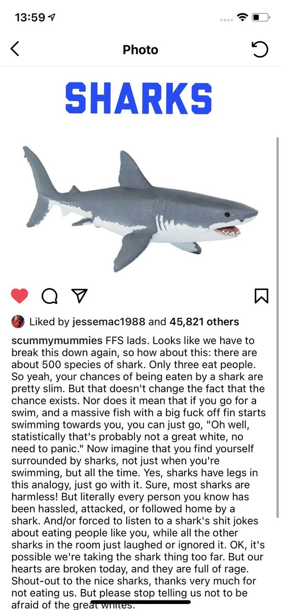 schaefermouse's tweet photo. @MotoClark Chris has put this so well. I saw this interesting analogy yesterday too - featuring sharks. I think the key takeaway is, we really do know it’s not all men, but voicing that distracts from the problem. https://t.co/iHLwSawmb1
