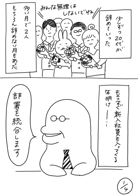 220人の会社に5年居て160人辞めた話
56「4月から新部署になるよ」
少し続きます
#漫画が読めるハッシュタグ #エッセイ漫画 