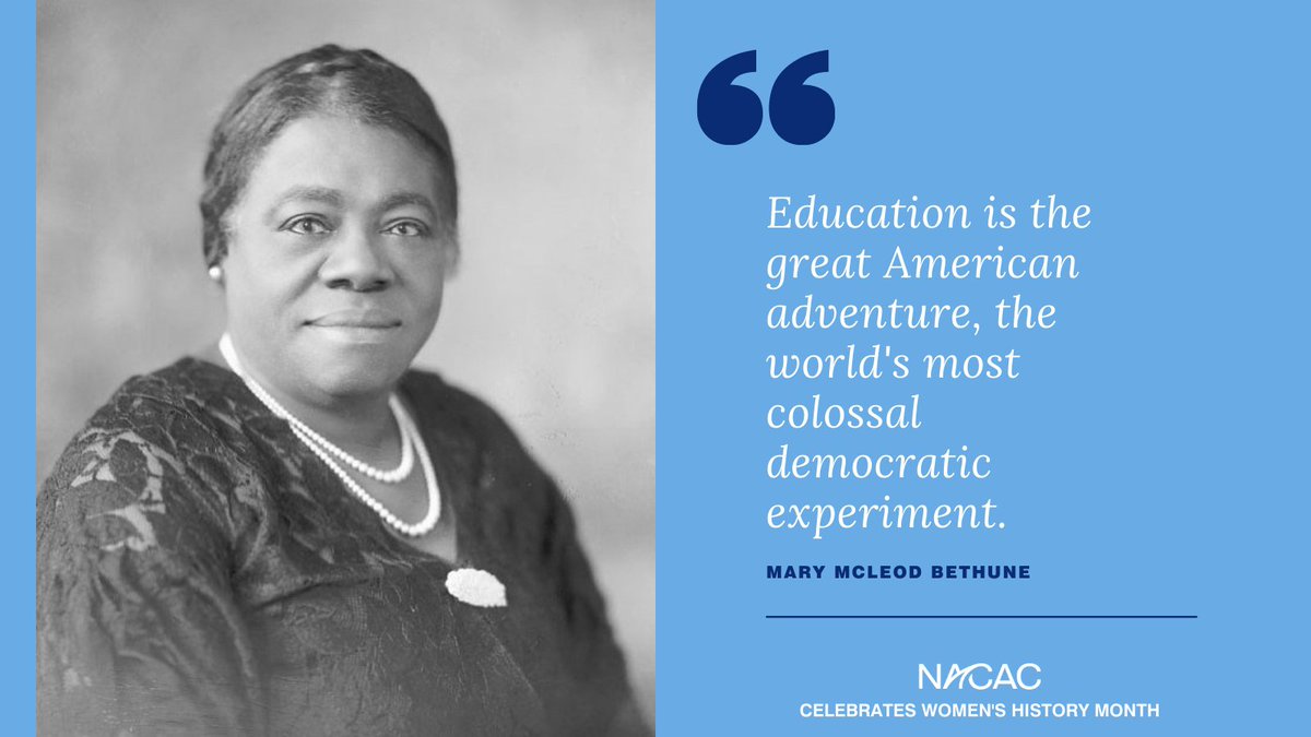 Pioneering educator and college founder Mary McLeod Bethune (1875-1955) set educational standards for today's Black colleges. Schools across the country are named in her honor. #NACAC celebrates women educators who #inspire us. #WomensHistoryMonth