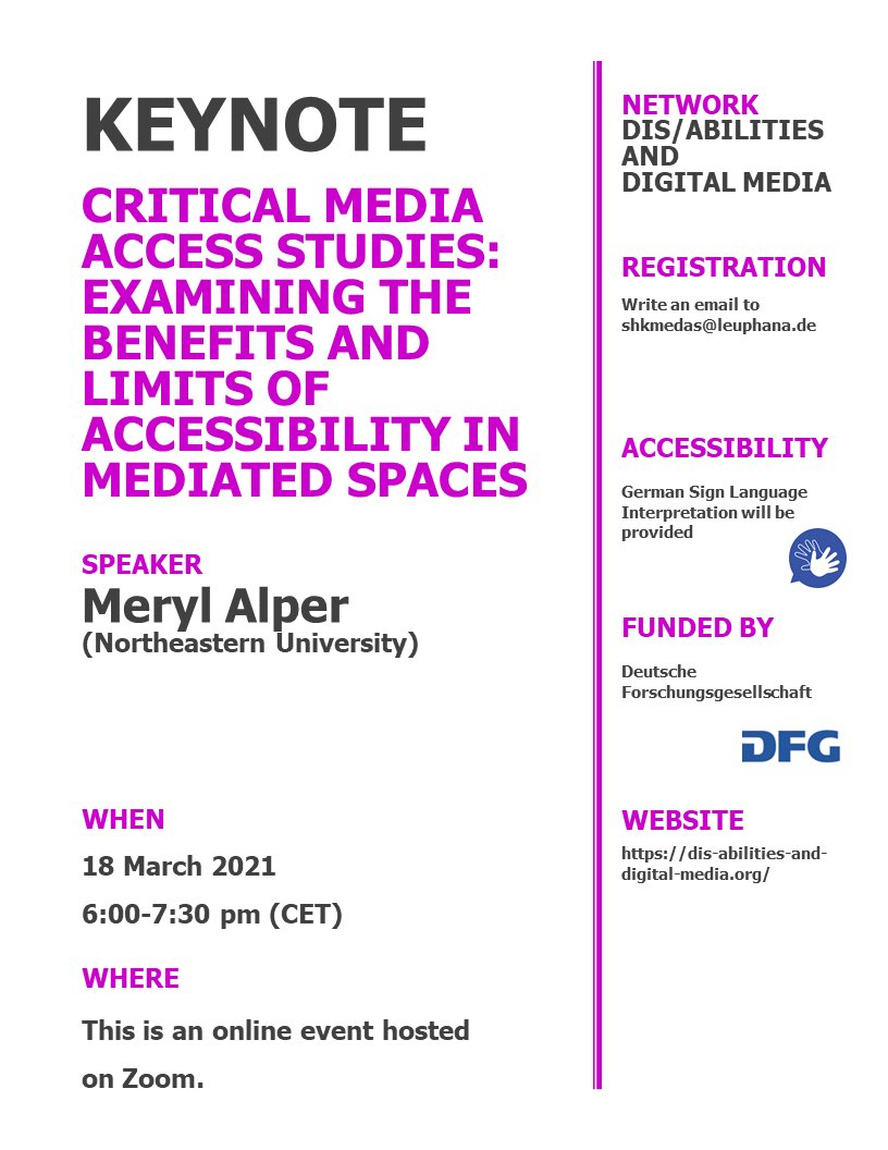 tombieling's tweet image. Looking forward to the 3-day Workshop „Assistance - On the History of Assistive Ensembles“ next week at @leuphana as part of our @dfg_public Network „Dis/Abilities + Digital Media“. Especially excited about the public Zoom-keynote by @merylalper 
More info
dis-abilities-and-digital-media.org