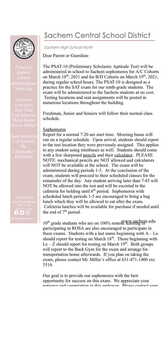 The PSAT-10 (Preliminary Scholastic Aptitude Test) will be administered in school to Sachem sophomores for A/C Cohorts on March 18th, 2021 and for B/D Cohorts on March 19th, 2021, during regular school hours.