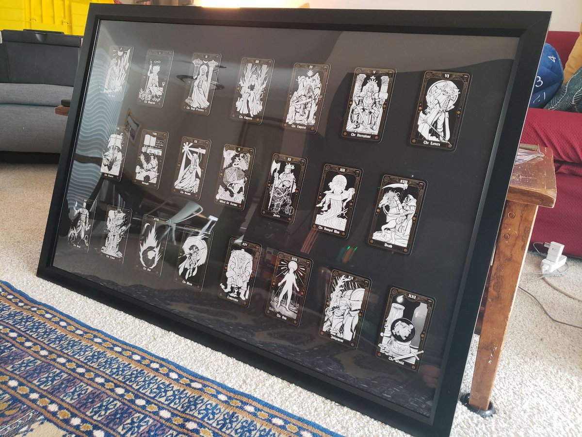 mobalart's tweet photo. A friend framed her complete collection of my tarot cards. It looks awesome!

#tarot #majorarcana #adventurersguide https://t.co/4WoU1LpIMO