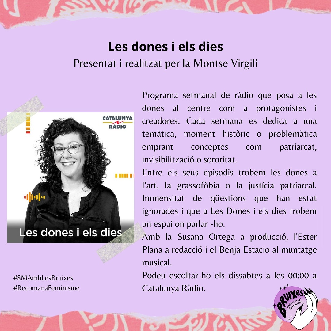 Ass. Feminista Les Bruixes (@bruixes_cat) on Twitter photo Què hi ha millor que recomanar feminisme? 💜 Amb motiu del #8M, us farem una recomanació per dia, durant tota la setmana, sobre pel·lícules, llibres,... tots ells amb una perspectiva feminista.
👩🏻🦱🎙️📻 Avui us recomanem un programa de <a href="/CatalunyaRadio/">Catalunya Ràdio</a>: LES DONES I ELS DIES 😍 Què hi ha millor que recomanar feminisme? 💜 Amb motiu del #8M, us farem una recomanació per dia, durant tota la setmana, sobre pel·lícules, llibres,... tots ells amb una perspectiva feminista.
👩🏻🦱🎙️📻 Avui us recomanem un programa de <a href="/CatalunyaRadio/">Catalunya Ràdio</a>: LES DONES I ELS DIES 😍