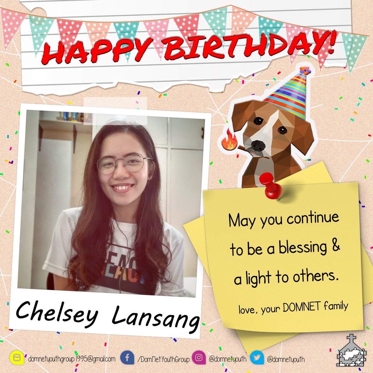 domnetyouth's tweet photo. Before the day ends, let us all greet Ate Chelsey Lansang a very happy birthday!
Thank you for being a very wonderful and reliable person as always, Ate Chelsey.
To more years of Faith, Hope, and Love!
#ONEDOMNETYouthGroup
#UNITEDYG https://t.co/nNEfIfVnd2 https://t.co/8ABap7NFbf
